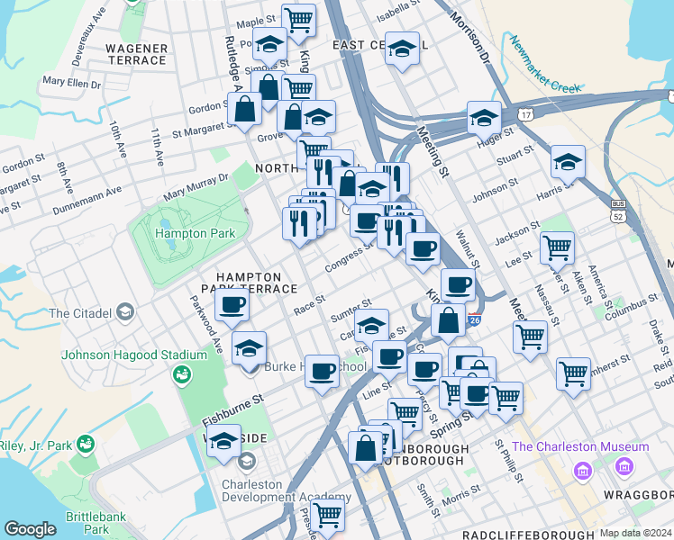 map of restaurants, bars, coffee shops, grocery stores, and more near 129 Congress Street in Charleston