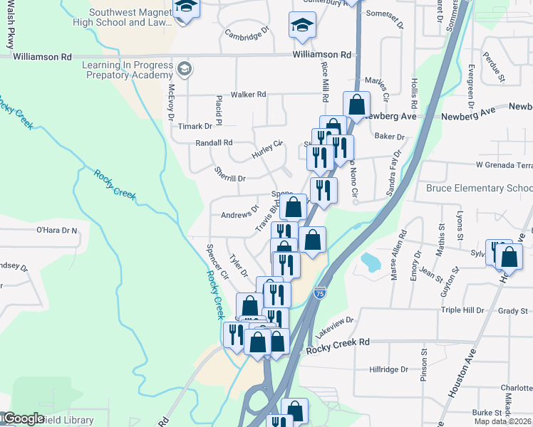map of restaurants, bars, coffee shops, grocery stores, and more near 3766 Travis Boulevard in Macon