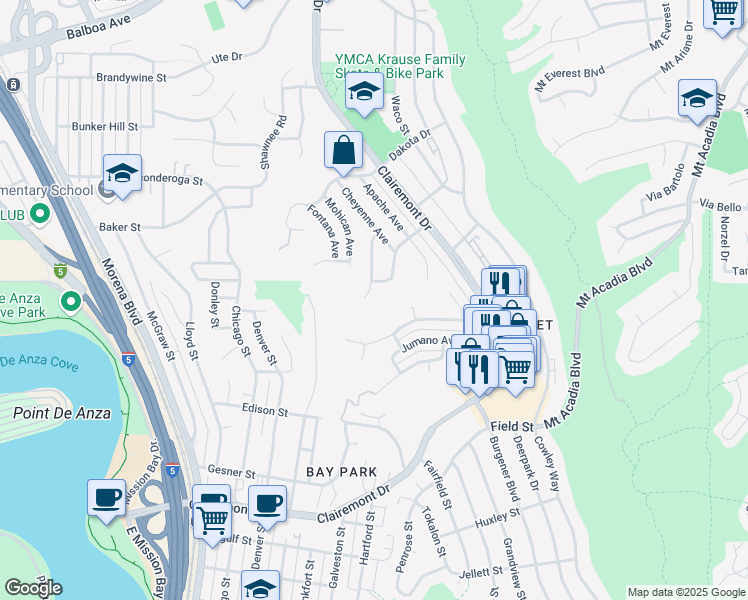 map of restaurants, bars, coffee shops, grocery stores, and more near 3115 Geronimo Avenue in San Diego