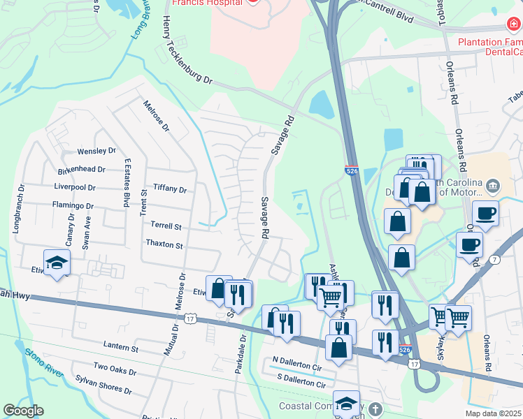 map of restaurants, bars, coffee shops, grocery stores, and more near 815 Savage Road in Charleston