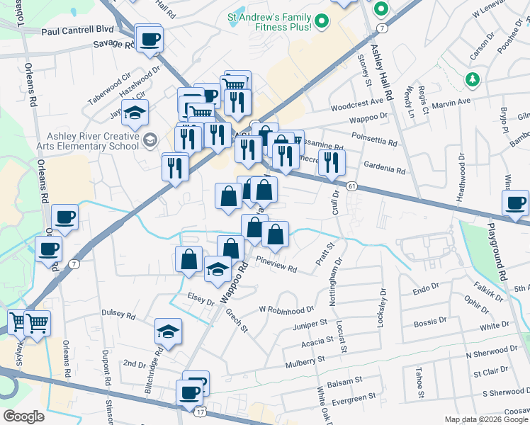 map of restaurants, bars, coffee shops, grocery stores, and more near 1032 Wappoo Road in Charleston