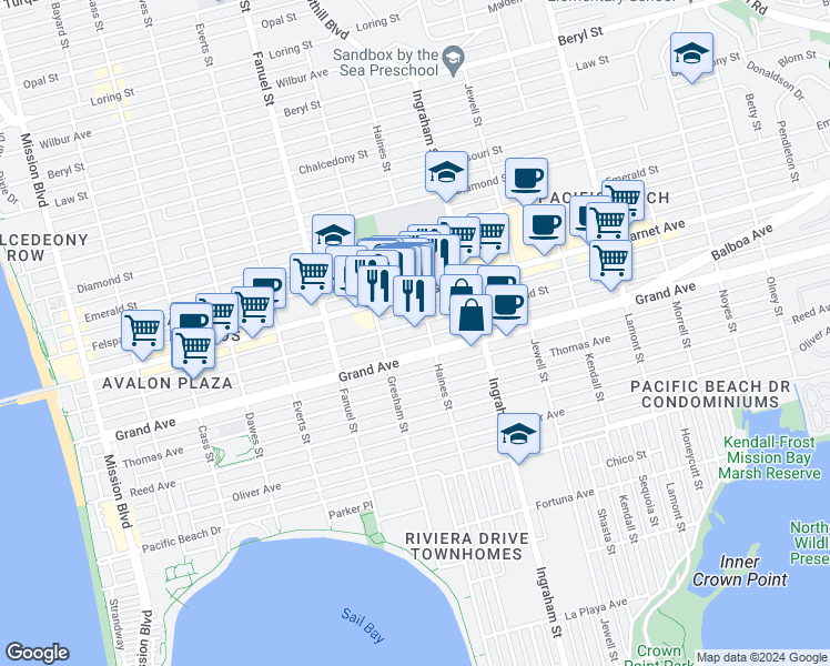 map of restaurants, bars, coffee shops, grocery stores, and more near 1459 Hornblend Street in San Diego