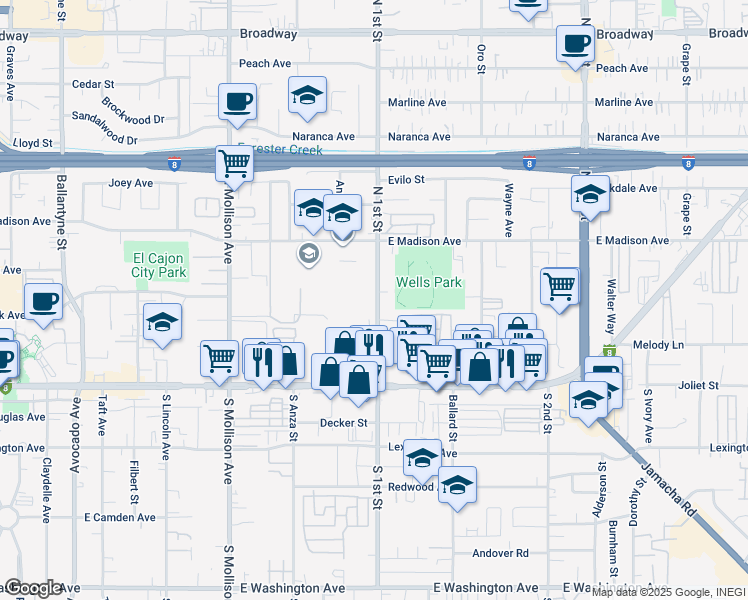 map of restaurants, bars, coffee shops, grocery stores, and more near 340 North 1st Street in El Cajon