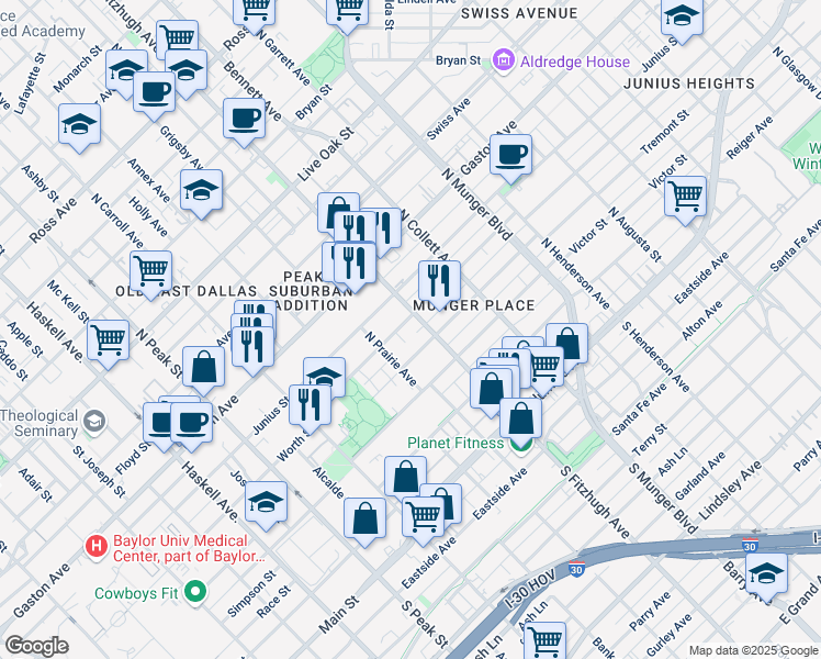 map of restaurants, bars, coffee shops, grocery stores, and more near 4812 Worth Street in Dallas