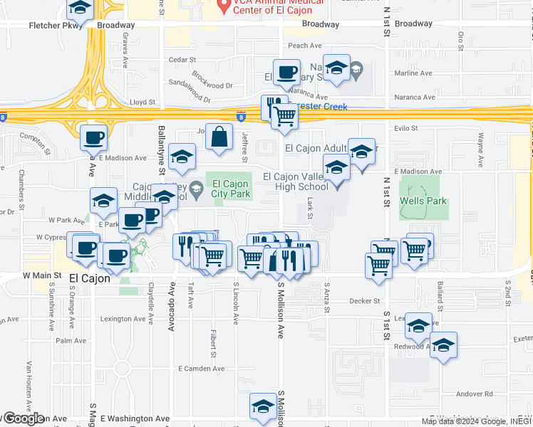 map of restaurants, bars, coffee shops, grocery stores, and more near 859 East Park Avenue in El Cajon