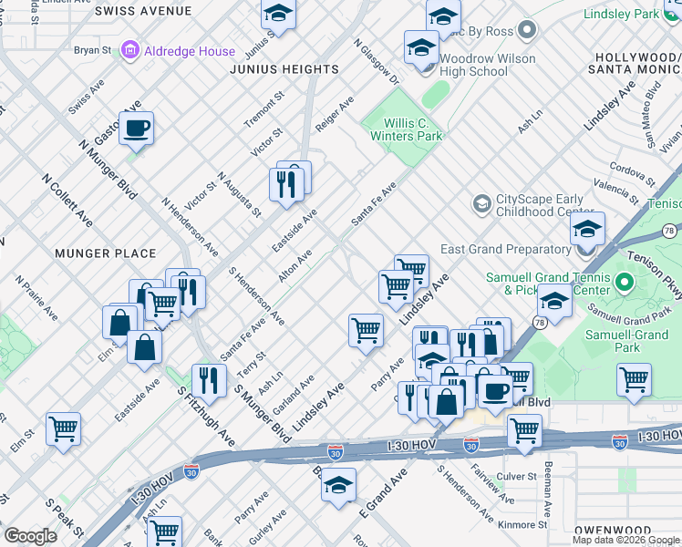 map of restaurants, bars, coffee shops, grocery stores, and more near 5445 Terry Street in Dallas