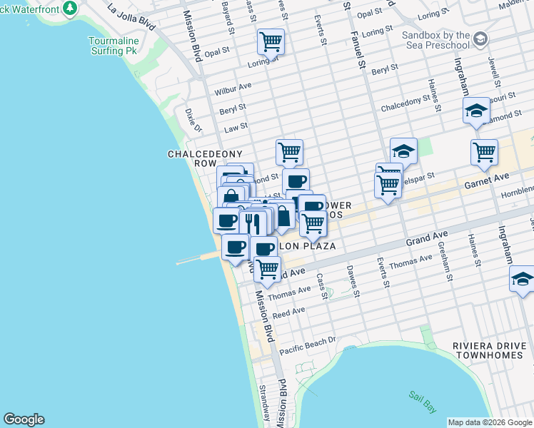 map of restaurants, bars, coffee shops, grocery stores, and more near 4535 Mission Boulevard in San Diego
