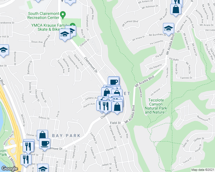 map of restaurants, bars, coffee shops, grocery stores, and more near 3125 Clairemont Dr in San Diego