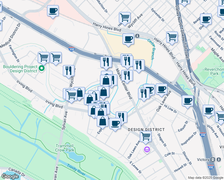 map of restaurants, bars, coffee shops, grocery stores, and more near 1350 Manufacturing Street in Dallas