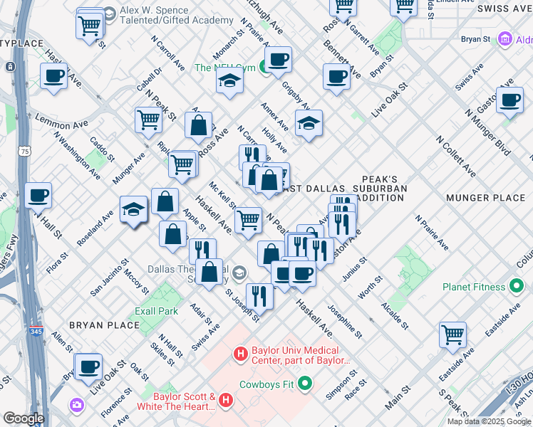 map of restaurants, bars, coffee shops, grocery stores, and more near 1319 North Peak Street in Dallas