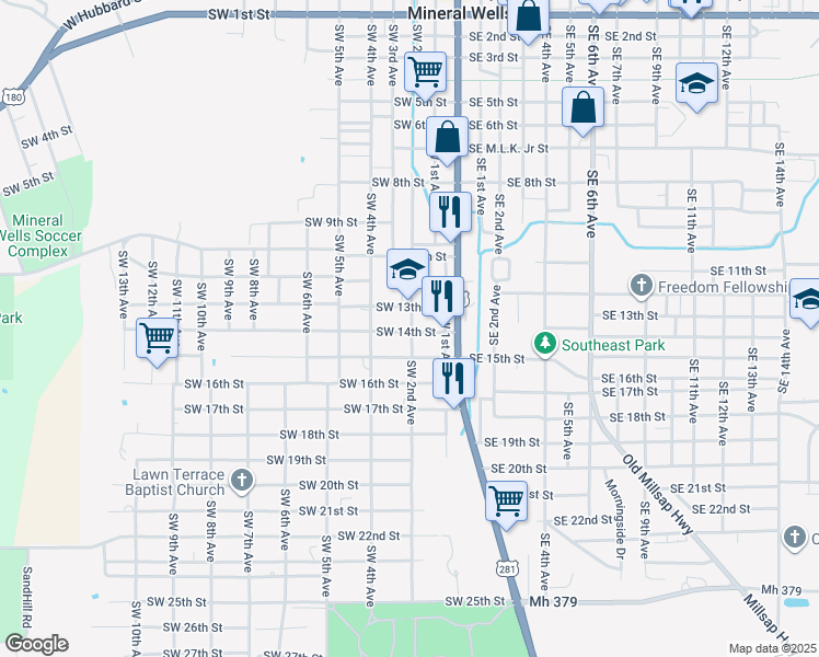 map of restaurants, bars, coffee shops, grocery stores, and more near 300 Southwest 15th Street in Mineral Wells