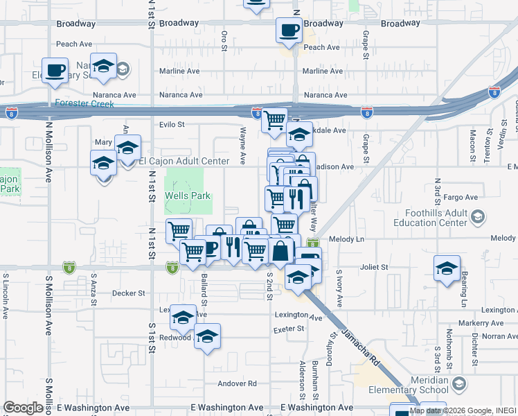 map of restaurants, bars, coffee shops, grocery stores, and more near 306 Shady Lane in El Cajon