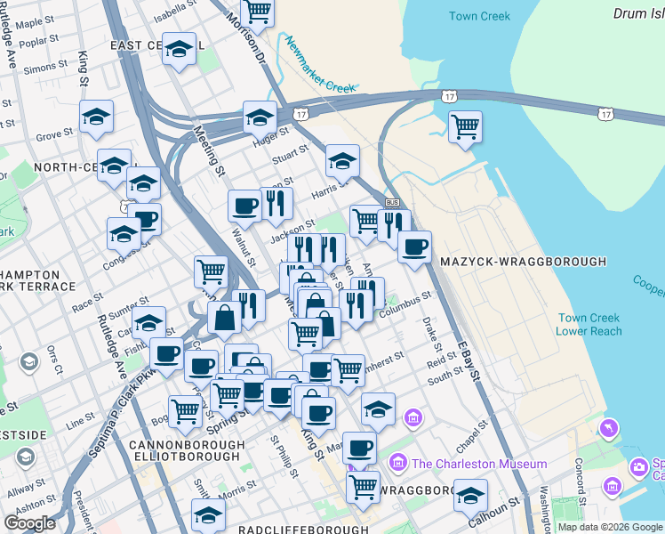 map of restaurants, bars, coffee shops, grocery stores, and more near 19 Sheppard Street in Charleston
