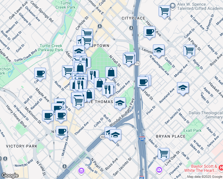 map of restaurants, bars, coffee shops, grocery stores, and more near 3010 State Street in Dallas