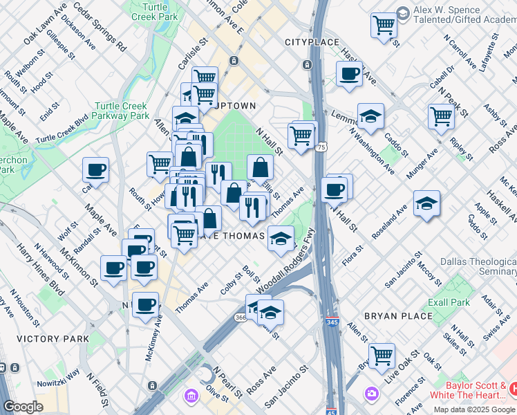 map of restaurants, bars, coffee shops, grocery stores, and more near 3010 State Street in Dallas