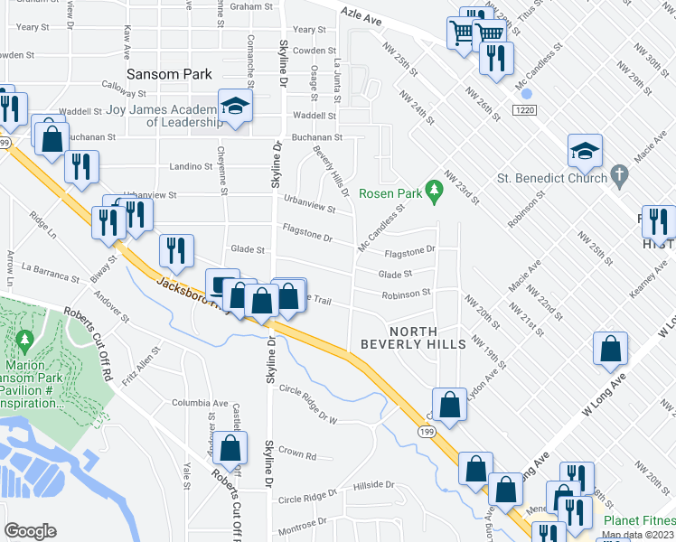 map of restaurants, bars, coffee shops, grocery stores, and more near 5004 Glade Street in Fort Worth