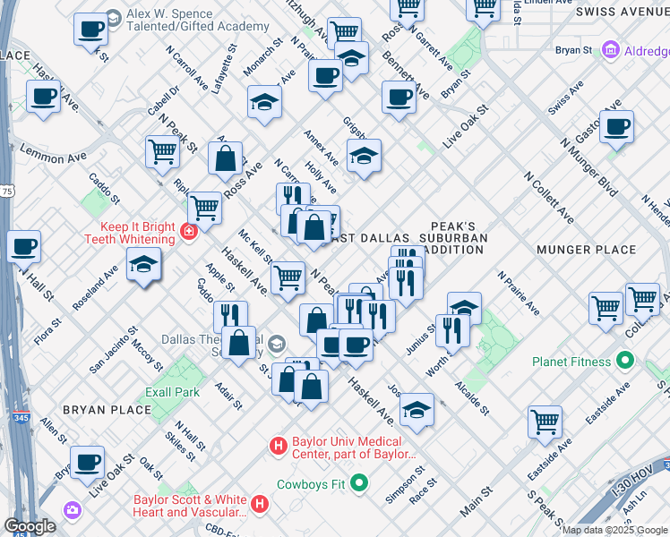 map of restaurants, bars, coffee shops, grocery stores, and more near 4316 Sycamore Street in Dallas