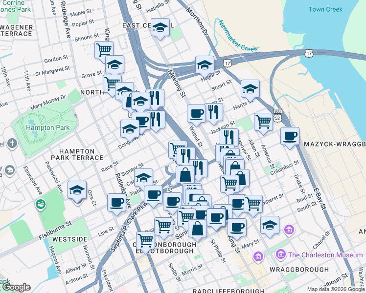 map of restaurants, bars, coffee shops, grocery stores, and more near 2 F Street in Charleston