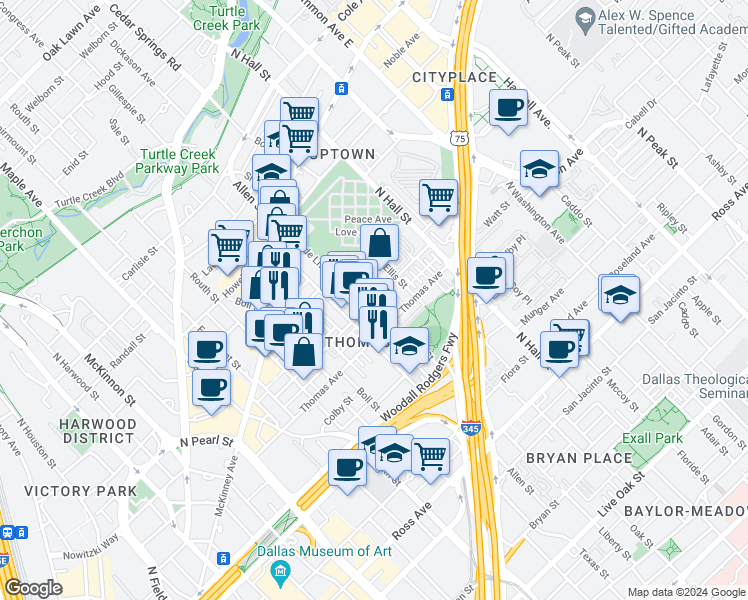 map of restaurants, bars, coffee shops, grocery stores, and more near State Street & Clark Street in Dallas