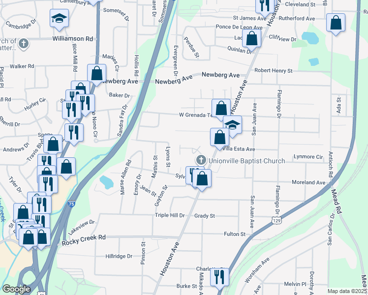 map of restaurants, bars, coffee shops, grocery stores, and more near 3775 Houston Avenue in Macon
