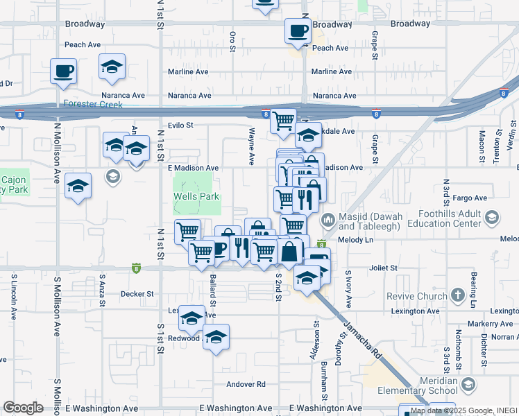 map of restaurants, bars, coffee shops, grocery stores, and more near 306 Shady Lane in El Cajon