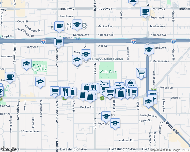 map of restaurants, bars, coffee shops, grocery stores, and more near 277 North 1st Street in El Cajon