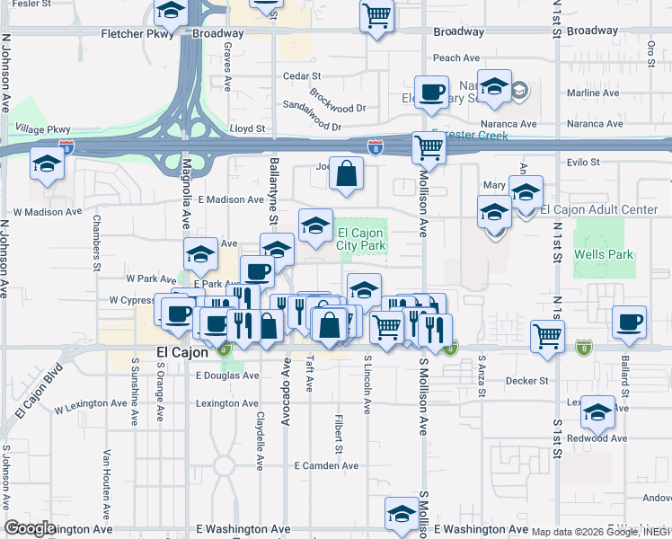 map of restaurants, bars, coffee shops, grocery stores, and more near 296 Roanoke Road in El Cajon