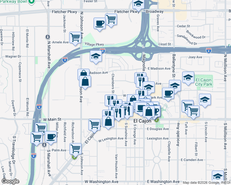 map of restaurants, bars, coffee shops, grocery stores, and more near 294 Chambers Street in El Cajon