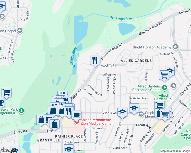 map of restaurants, bars, coffee shops, grocery stores, and more near 6890 Cartwright Street in San Diego