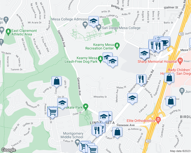 map of restaurants, bars, coffee shops, grocery stores, and more near 6969 Park Mesa Way in San Diego