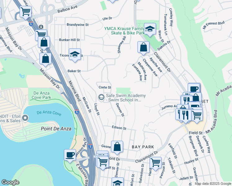 map of restaurants, bars, coffee shops, grocery stores, and more near 3196 Denver Street in San Diego