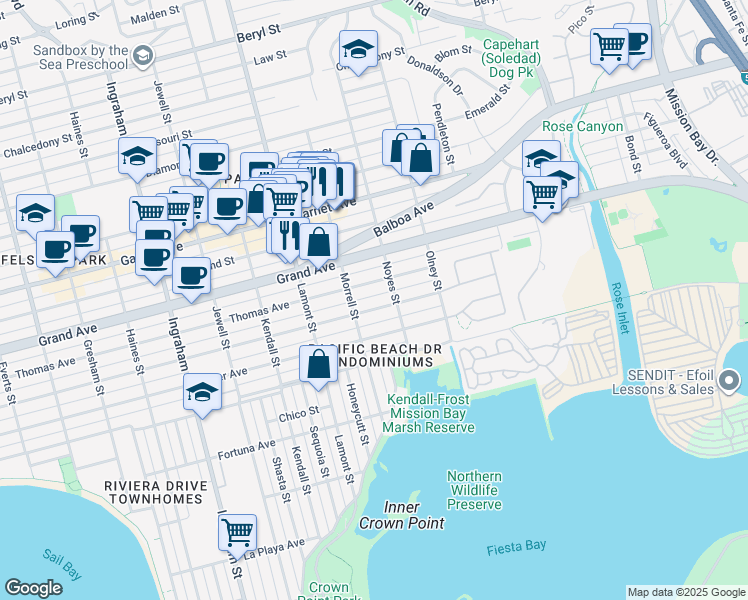 map of restaurants, bars, coffee shops, grocery stores, and more near 2057 Reed Avenue in San Diego