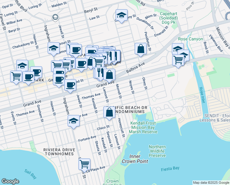 map of restaurants, bars, coffee shops, grocery stores, and more near 1972 Reed Avenue in San Diego
