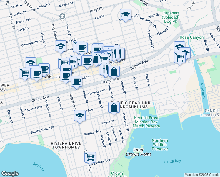 map of restaurants, bars, coffee shops, grocery stores, and more near Lamont Street & Thomas Avenue in San Diego