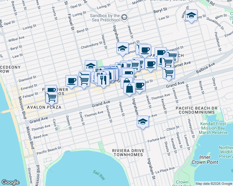 map of restaurants, bars, coffee shops, grocery stores, and more near 1438 Hornblend Street in San Diego