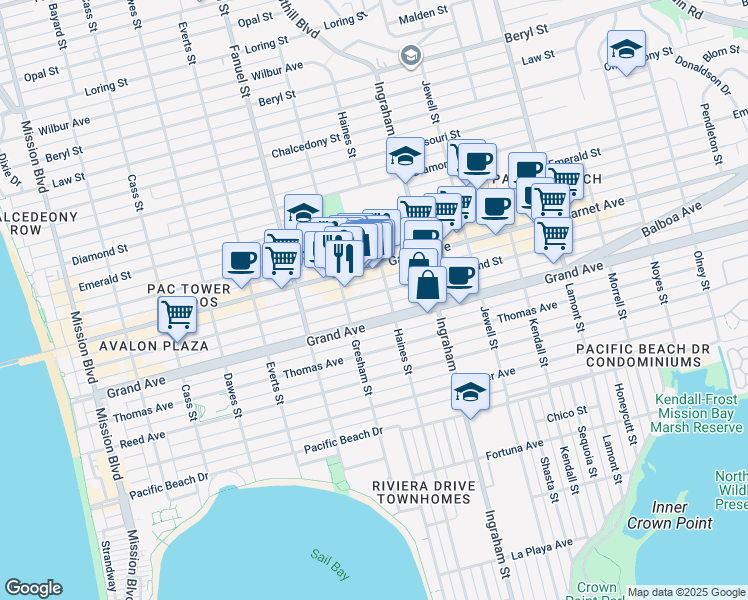 map of restaurants, bars, coffee shops, grocery stores, and more near 1438 Hornblend Street in San Diego