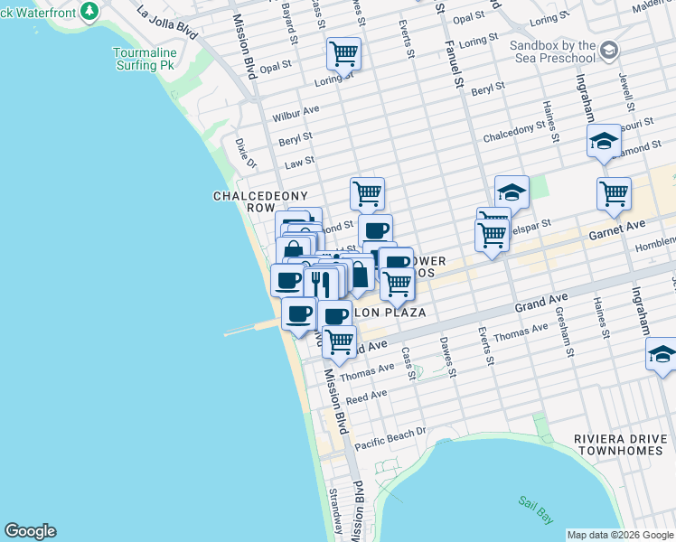 map of restaurants, bars, coffee shops, grocery stores, and more near 4535 Mission Boulevard in San Diego