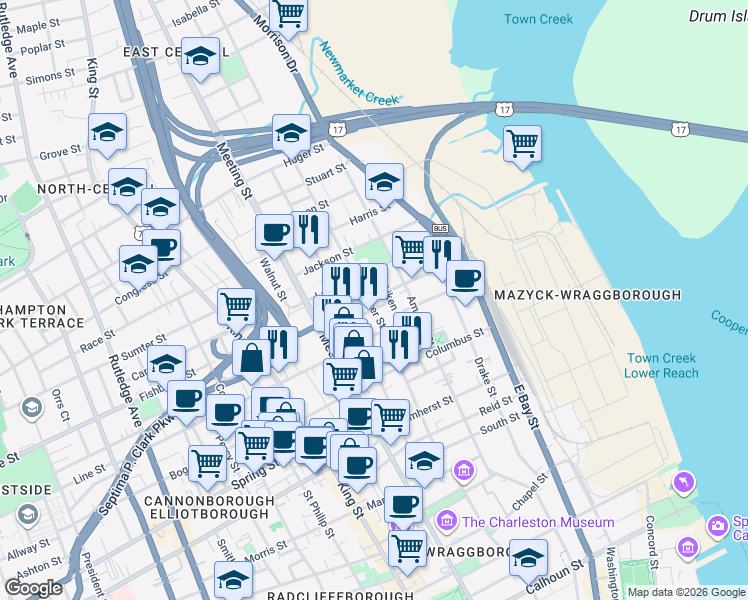 map of restaurants, bars, coffee shops, grocery stores, and more near 19 Sheppard Street in Charleston