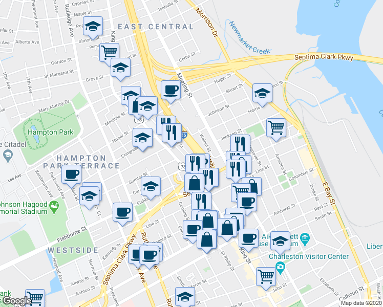 map of restaurants, bars, coffee shops, grocery stores, and more near 2 F Street in Charleston