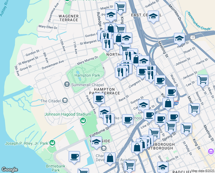 map of restaurants, bars, coffee shops, grocery stores, and more near 6 North Allan Park in Charleston
