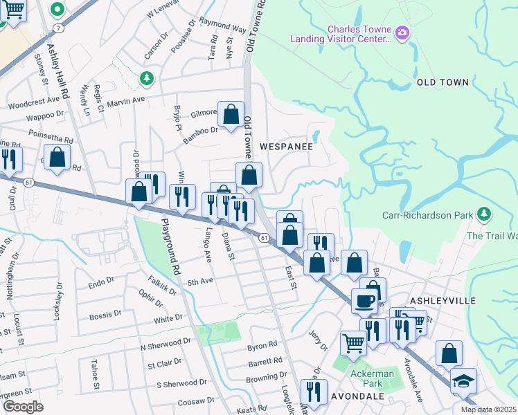 map of restaurants, bars, coffee shops, grocery stores, and more near 4 Carriage Lane in Charleston