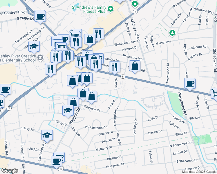 map of restaurants, bars, coffee shops, grocery stores, and more near 26 Palmetto Park Road in Charleston