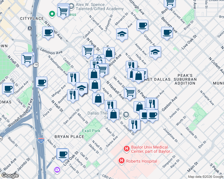 map of restaurants, bars, coffee shops, grocery stores, and more near 1403 North Haskell Avenue in Dallas