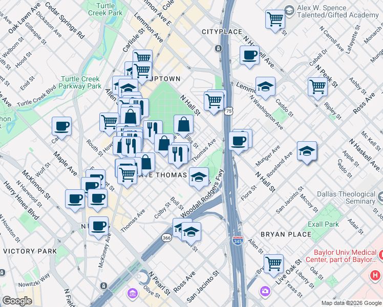 map of restaurants, bars, coffee shops, grocery stores, and more near 2307 Clark Street in Dallas