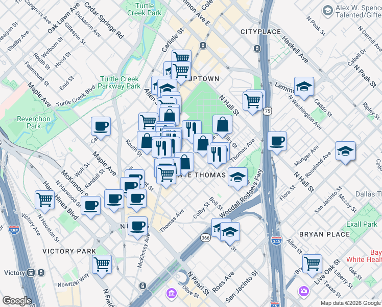 map of restaurants, bars, coffee shops, grocery stores, and more near 2518 Worthington Street in Dallas