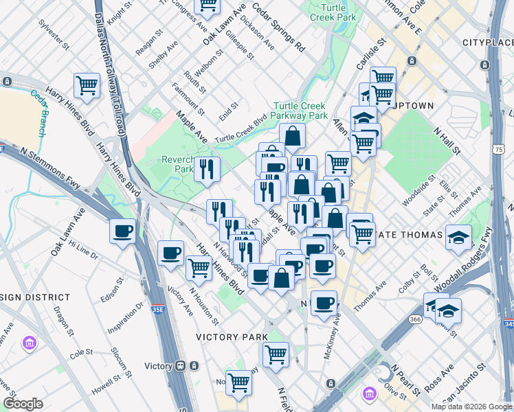 map of restaurants, bars, coffee shops, grocery stores, and more near 2925 Bookhout Street in Dallas