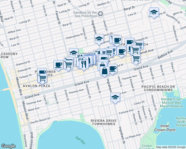 map of restaurants, bars, coffee shops, grocery stores, and more near 1438 Hornblend Street in San Diego