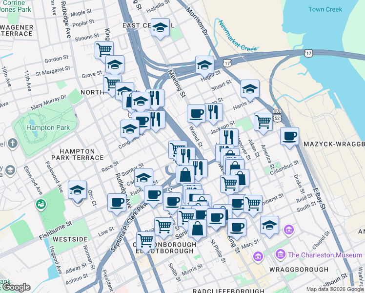 map of restaurants, bars, coffee shops, grocery stores, and more near 2 F Street in Charleston