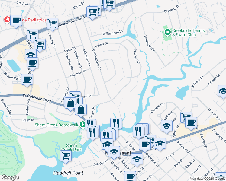 map of restaurants, bars, coffee shops, grocery stores, and more near 610 Pelzer Drive in Mount Pleasant