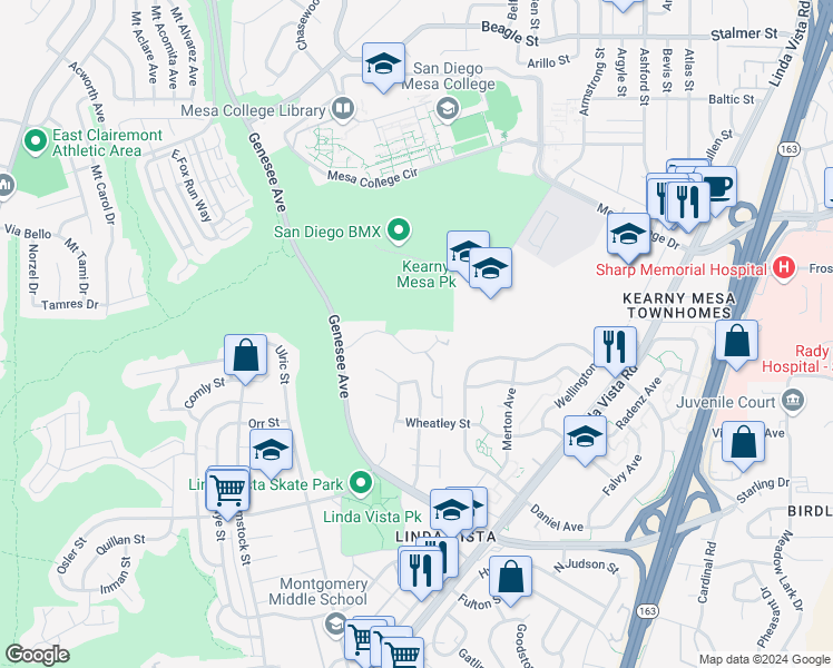 map of restaurants, bars, coffee shops, grocery stores, and more near 7076 Park Mesa Way in San Diego